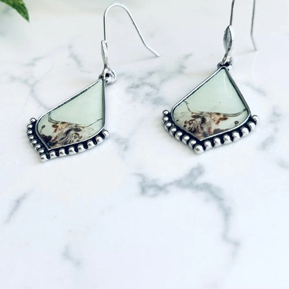 Western Longhorn Cow Earrings Cattle Metal Southwestern Boho Gift NEW